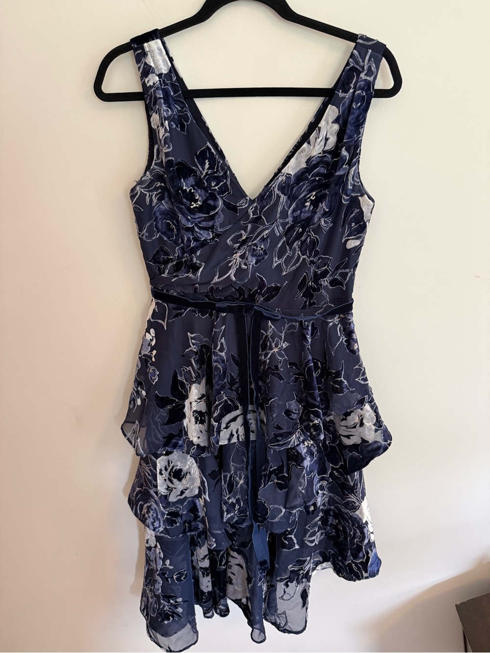 Marchesa Navy and White Floral V-Neck High-Low Dress